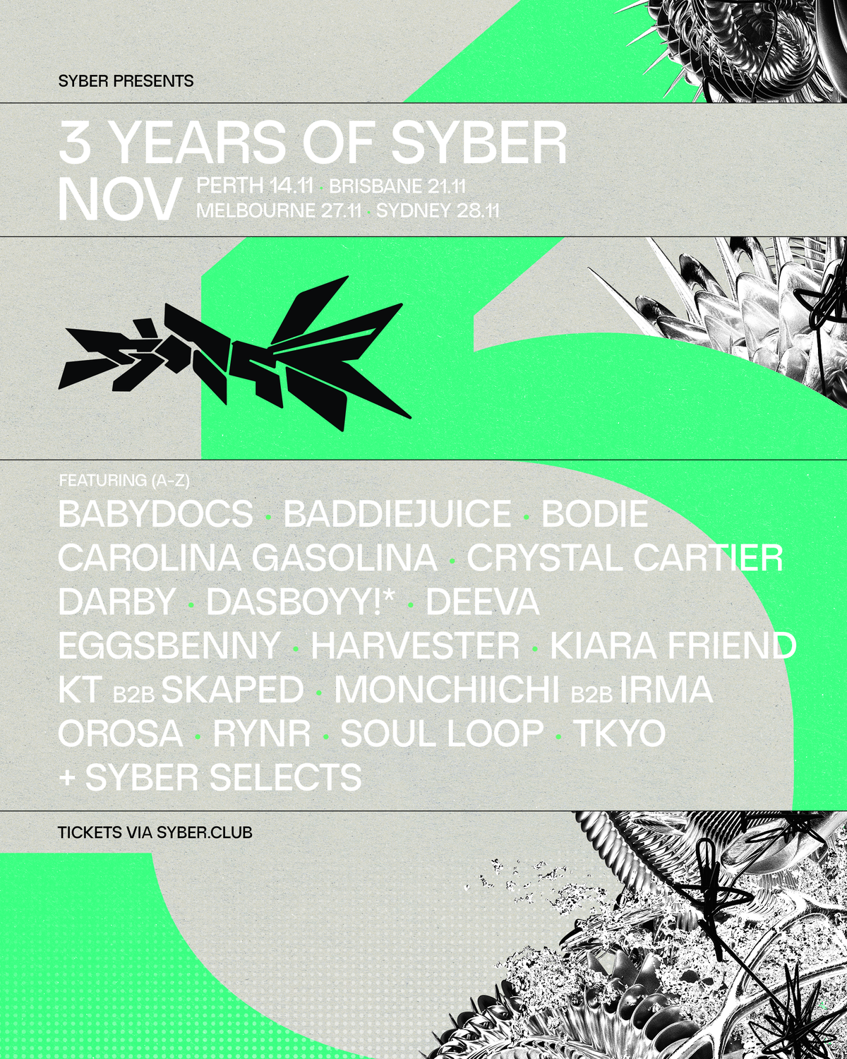 Poster: 3 Years of SYBER tour, with Perth 14 Nov, Brisbane 21 Nov, Melbourne 27 Nov and Sydney 28 Nov 2026, and the full lineup